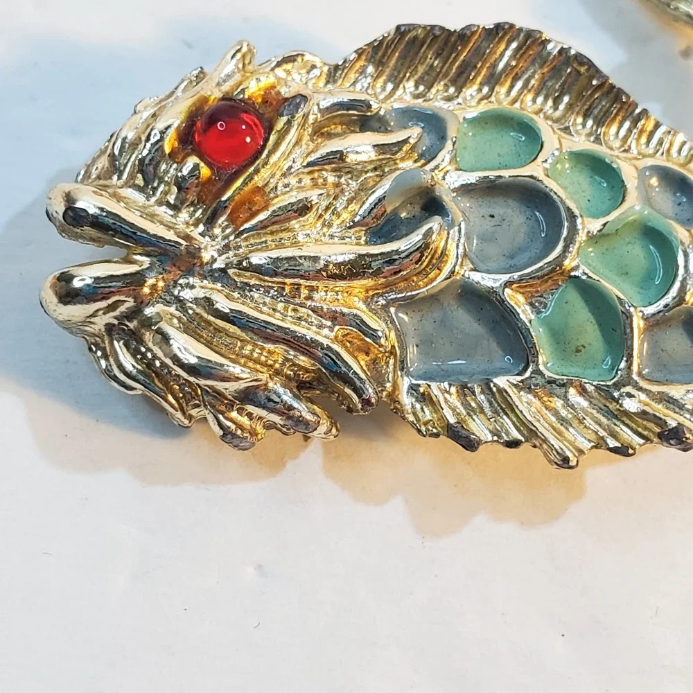 Vintage Gold Tone Green Blue Enamel Fantasy Fish Serpent Red Eye Brooch Pin